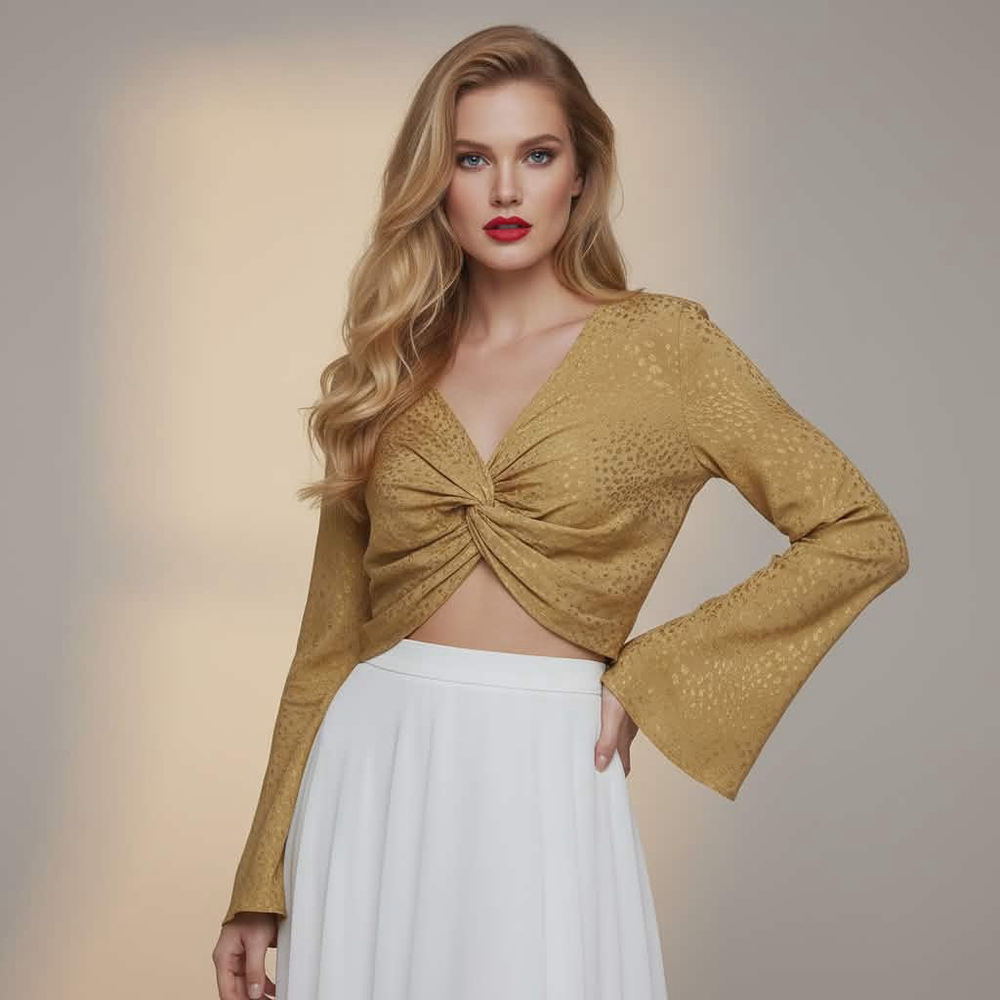 Kirious Bell Sleeve Satin Twist Front Smocked Crop Top Blouse Size Small